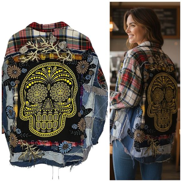 Flannel Shirt Womens 2XL Sugar Skull Shacket Upcycled Grunge Maximalist Rock - Picture 5 of 16